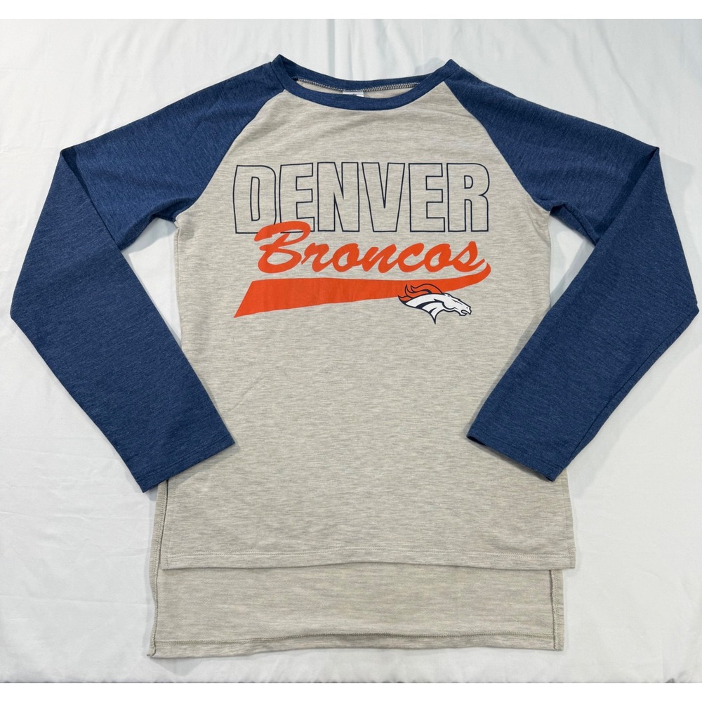 NFL Team Apparel Denver Broncos Womens Sleepwear Raglan Top Gray Blue Medium